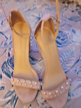 DIVA Lounge Blush Pearl-Embellished Ankle Strap Block Heels